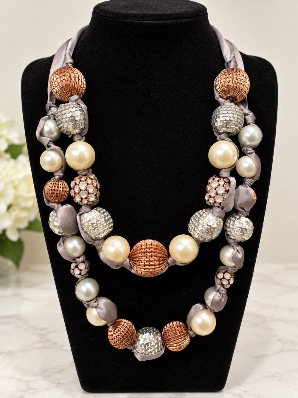 Chico’s Multi Strand Statement Necklace Pearl Sequin Rose Gold Silver Ribbon